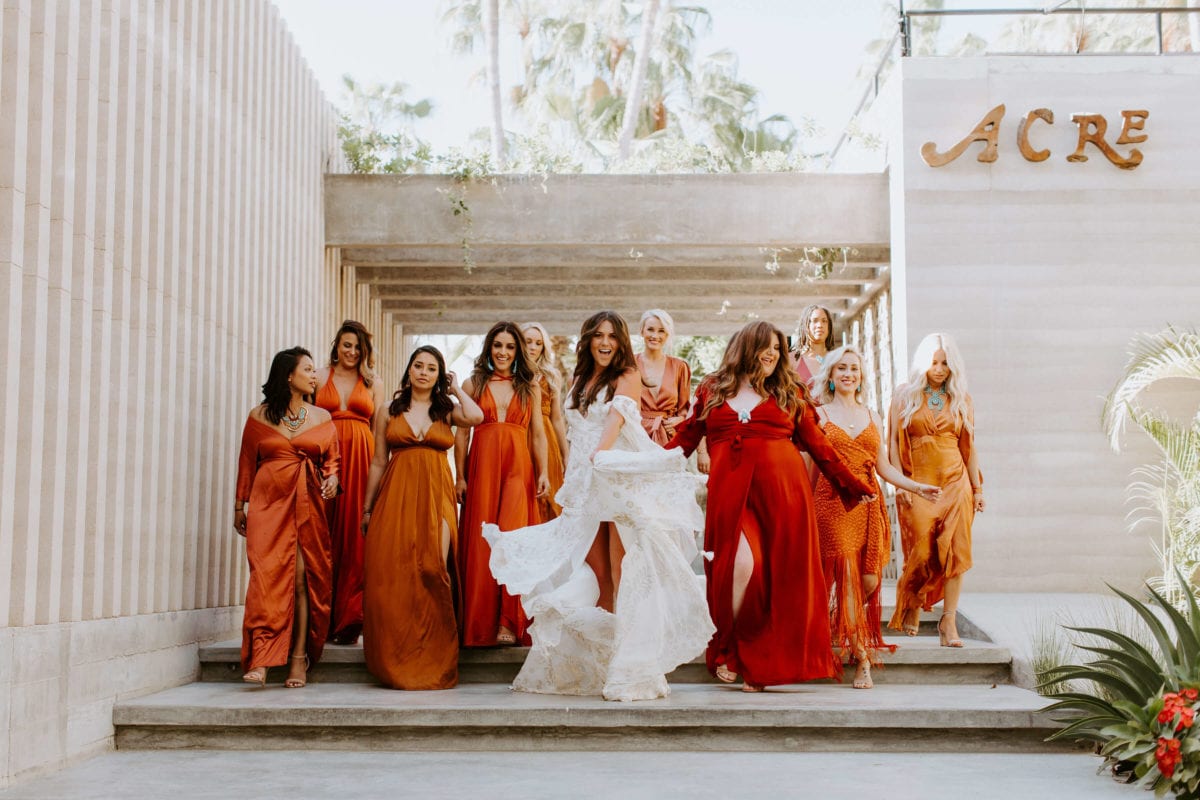 Rue de Seine Mira wedding dress and mismatched bridesmaid dresses