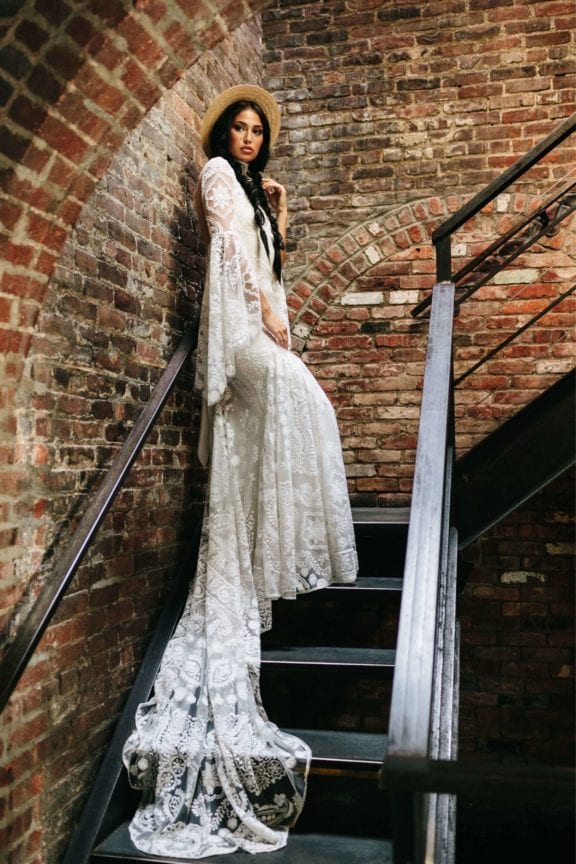 Rue de Seine Little Rock boho lace wedding dress with sleeves and train
