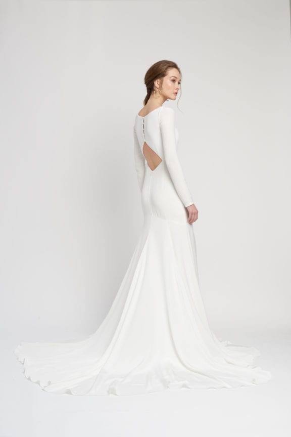 alexandra grecco ines long sleeve modern crepe wedding dress with train