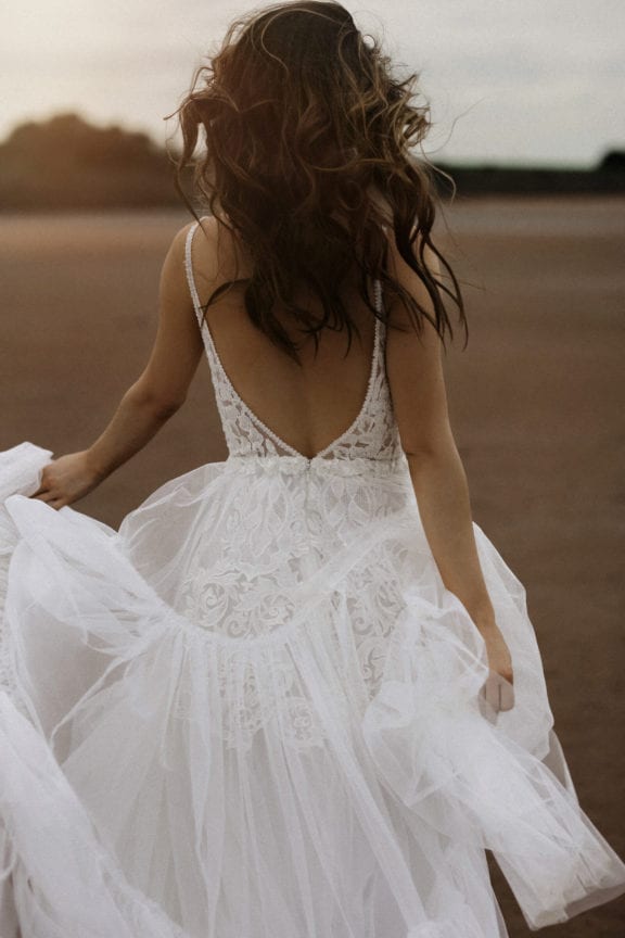 Made with Love In the Name of Love River lace wedding dress with deep v-back
