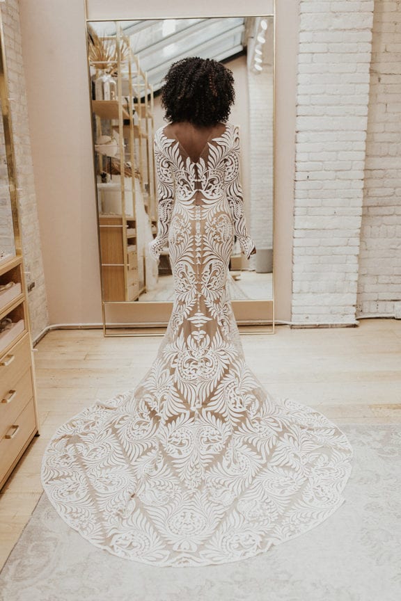 rue de seine reno lace long sleeve wedding dress with train