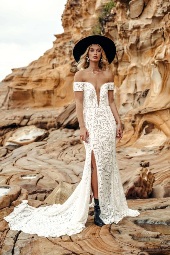 lovers society paradise collection indigo boho off-the-shoulder lace wedding gown