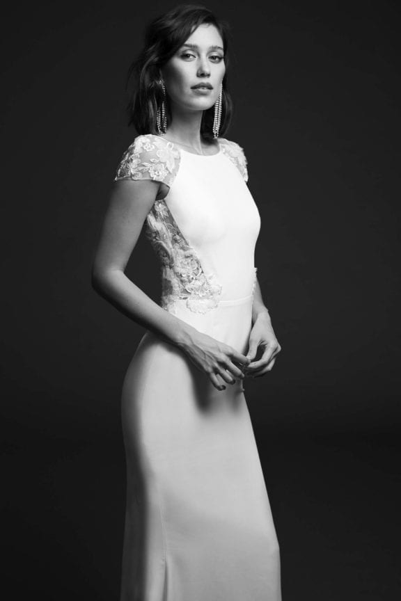 rime arodaky 020 collins High waisted gown and crepe with 3D embroidered tulle appliqués by hand and open back